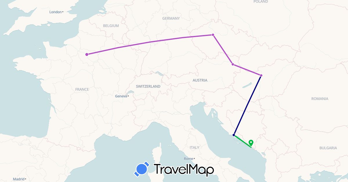 TravelMap itinerary: driving, bus, plane, train in Austria, Czech Republic, France, Croatia, Hungary (Europe)